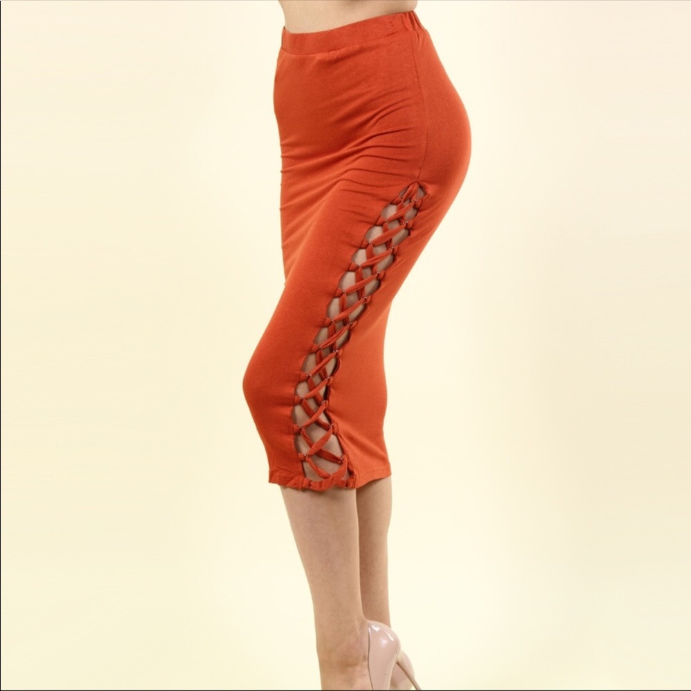 Burnt orange lace up midi skirt